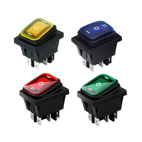 Switian Interrupteur à Bascule DPST 6 Bornes 3 Positions On/Off/On - 4 Pièces pour Bateau, Voiture, Moto, Machines - 16A 250VAC/20A 125VAC(LED Bleu/Rouge/Vert/Jaune)