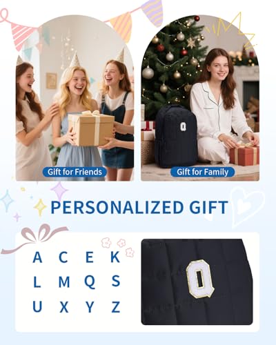 WANDF Initial Laptop Backpack for Women, Quilted Puffer 14 Inch College Backpack, Personalized Water-Resistant Travel Backpack Daypack (Black Q)2