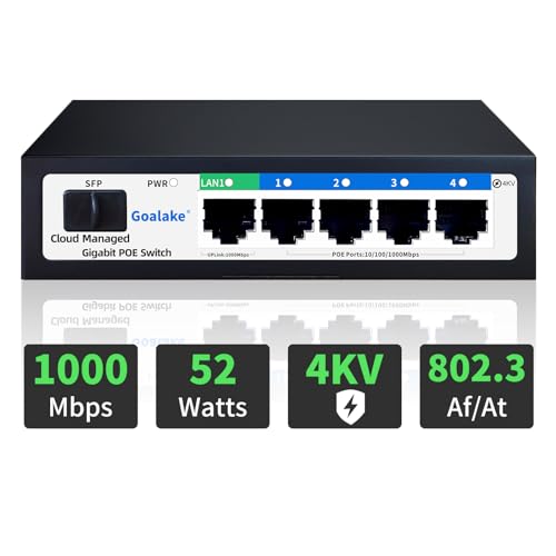 Goalake 6 Port Gigabit PoE+ Switch, Cloud Managed Gigabit Ethernet Switch, 4 Poe Port @52W, 1*1.25G SFP Port, APP Smart Managed, Cloud Detection, Vlan, AI...