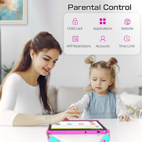 Image of PRITOM 10 inch Kids Tablets Android, 64GB, Tablet with Lanyard, Parental Control, HD IPS Display, WiFi, Dual Camera, Toddler Tablet for Kids, Pink