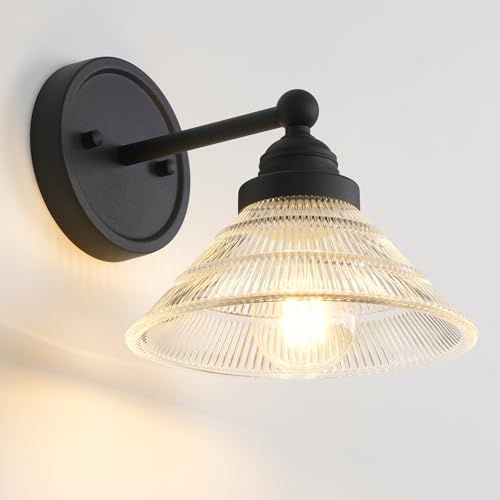 Image of Vintage Wall Sconce 1-Light with Clear Ribbed Glass Shade, Industrial Hardwired Wall Light Fixture for Bedside Living Room Vanity Bathroom Hallway