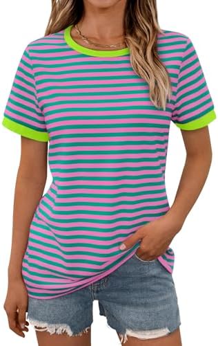 AUTOMET T Shirts for Women Striped Crewneck Casual Basic Summer Tops Short Sleeve Color Block Loose Tee Shirts