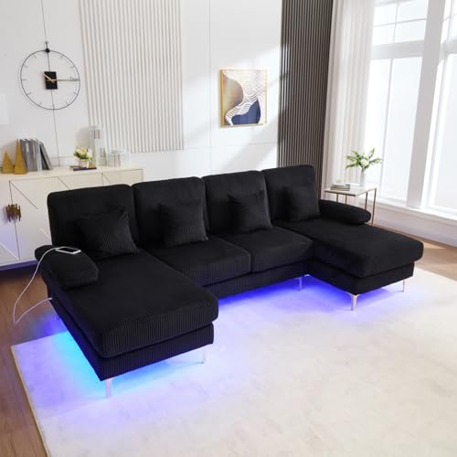 PUGSDRLY Canapé d'angle 4 Places en U avec LED Réglable,Ports USB-C,4 Coussin Confortable,2 Méridienne,Canapé d'angle,Meubles de Salon pour Salon,Bureau...