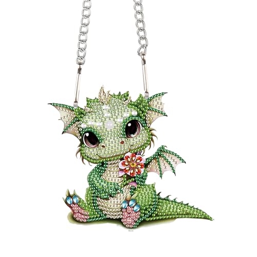 Image of Green Dragon Diamond Painting Kit - 5D DIY Acrylic Pendant with Special Shaped Rhinestones, Cute Fantasy Animal Hanging Ornament for Wall, Window, Door, or Car Mirror Decor, Gift for Adults and Teens