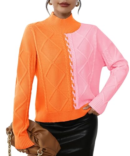 Pink Queen Women's Chunky Sweaters 2025 Fall Winter Long Sleeve Mock Neck Cable Knit Colorblock Pullover Jumper Tops