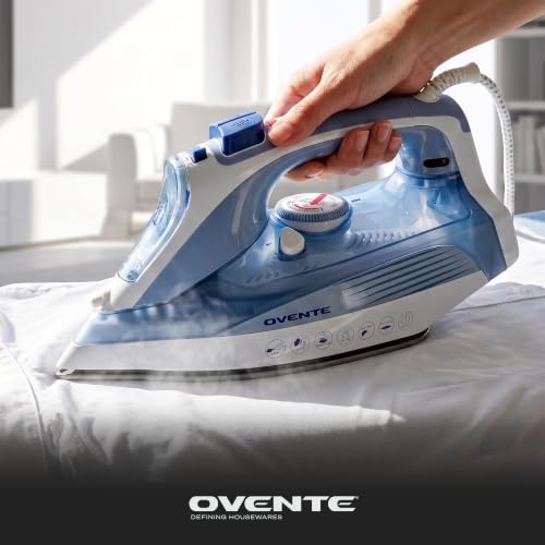 Image of OVENTE Steam Iron, 1200W, Non-Stick Soleplate, 350mL, Blue IRNL77BL | With Water Spray Function, Precise Thermostat Dial, Auto Shutoff, Self-Cleaning, Anti-Drip, Ideal for Ironing Fabrics