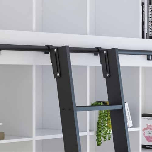 Aluminium Rolling Library Step Ladder Kit, Telescoping Upper Hook & Bottom Brake Roller, Rustic Black Finish, 24ft Sliding Ladder Hardware for Home & Library Use