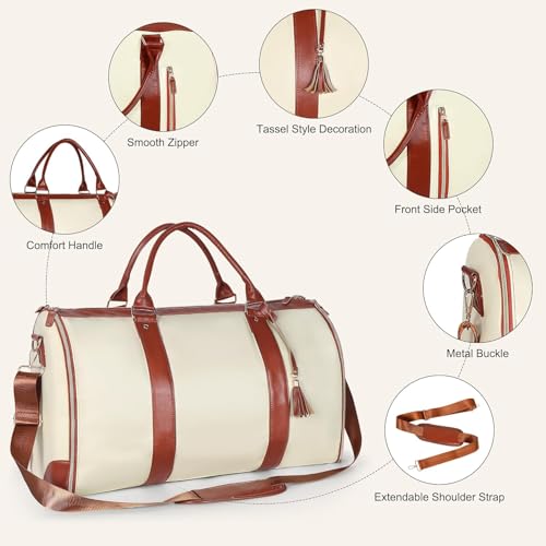 Image of Leather Garment for Garment Bags for Travel,Convertible Carry on Large Duffle Bags with Suit Compartment|Convertible Hanging Suitcase Suit Garment Bag for Men and Women|Shoe Pouch(Beige)