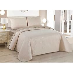 Colcha Marron Y Beige Colcha Boutis para Primavera y Verano Bicolor Reversible Liso de Color Beig + 1 Funda Cojin 50x70 cm - Colcha Ligera Fina Entretiempo (Cama 90, 180x260cm)
