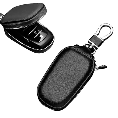 Yourkar Car Key Case Genuine Leather Auto Key Fob Storage Bag Key Chain Holder Key Ring Zipper Bag Car Accessories (Black)