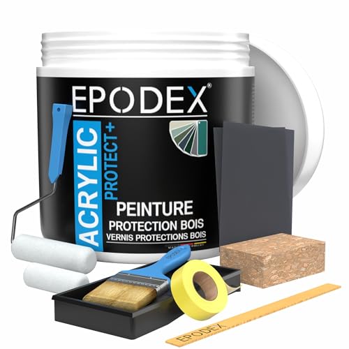 EPODEX ACRYLIC PROTECT+ avec accessoires, Peinture bois extérieur & intérieur, vernis flexible pour clôtures, etc., séchage rapide, résistant aux intempéries, 1,1kg suffit pour 2 couches sur 7m²