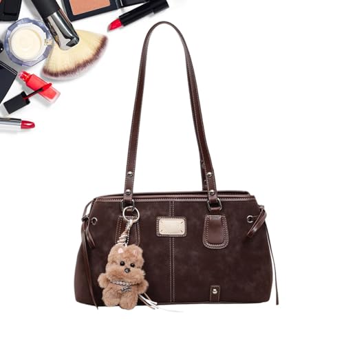 Bolso de hombro – Bolso de mano retro de piel sintética en las axilas con colgante de felpa | 34 x 20 x 11 cm | Para mujeres y niñas, para viajes, viajes, viajes, viajes, etc, marrón (dark coffee