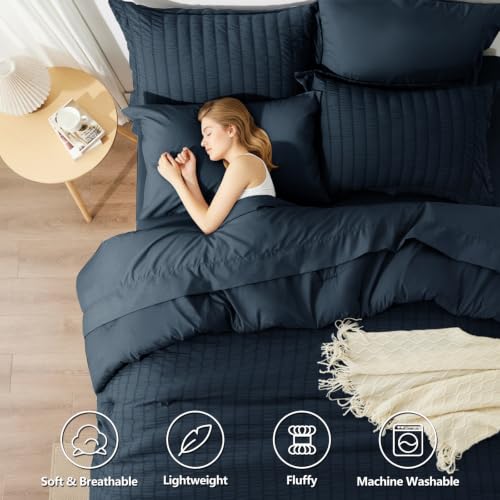Image of HIMEET King Size Comforter Set - 7 Pieces Seersucker Bed in a Bag, Boho Bedding Sets for Bedroom Decor, All Season Home Essential Bed Set with Comforter, Sheets, Pillowcases & Shams, Navy Blue
