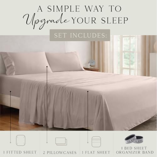 Image of KARISSA MAE Luxury Bamboo Viscose Cal King Size Sheet Set | FSC Certified | Cooling | Ultra Soft | 18 inch Deep Pockets | Elastic Corner Straps | Includes Organizer Band [Dusty Rose]