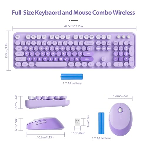 Image of Fogruaden Purple Retro Typewriter Keyboard and Mouse Wireless, 2.4GHz Office Full-Sized Colorful Computer Keyboard with Number Pad and Cute Mouse for Windows PC Desktops Laptop