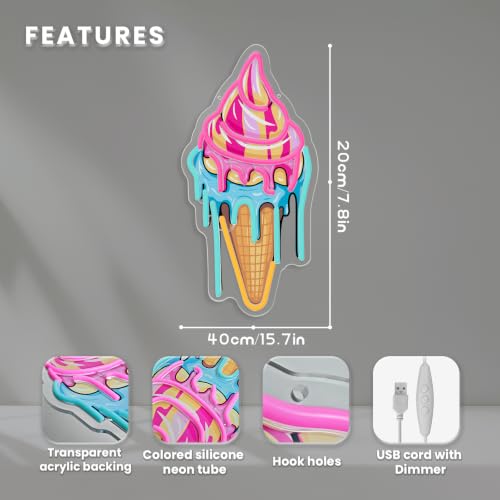 Image of Ice Cream Neon Sign for Wall Decor Dimmable Ice Cream Led Neon Sign for Ice cream Shop Birthday Party Bedroom Bar Drink Shop Wall Decoration USB Powered