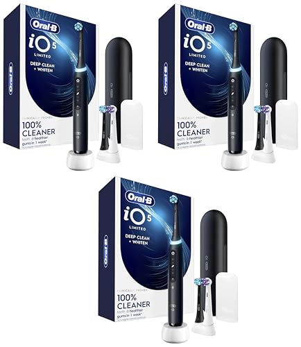 Image of Oral-B Rechargeable Electric Toothbrush, iO5 Limited Deep Clean & Whiten, 5 Cleaning Modes, Visual Pressure Sensor to Protect Gums, Travel Case, 3 Brush Heads, Black (Pack of 3)