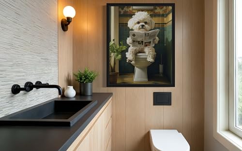 Image of Maltese on Toilet Black Framed Wall Art Print Poster, Dog Bathroom Humor Decor Posters Prints for Restroom Home Picture Painting Artwork Gallery 7 (Maltese, 18 x 24 inches, Black Frame)