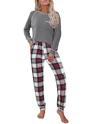 Ekouaer Schlafanzug Damen Baumwolle Lang Pyjama Set Langarm Sleepwear mit Rundhals Kariert Dunkelgraue