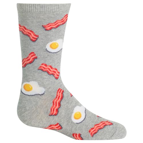 Hot Sox Boys' Big Food Novelty Casual Crew Socks, Eggs And Bacon (Grey Heather), Large/X-Large Youth
