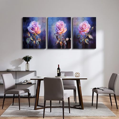 DZRWUBHS Canvas Wall Decor for Bedroom Living Room Wall Pictures Rose Flowers Wall Art Painting Modern Office Floral Home Decorations Vintage Posters Minimalist Farmhouse Ready To Hang 3 Piece