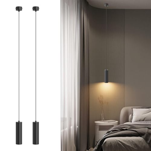 Klighten 2 Stück Pendelleuchte GU10 Zylinder, Pendellampe LED mit Leuchtmittel 5W 472LM, Höhenverstellbar Hängelampe für Küche Nachttisch Esstisch Wohnzimmer, Warmweiß 3000K, 20cm, Schwarz