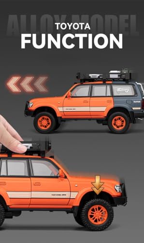Image of 1:24 Scale Diecast Land Cruiser LC80 Model Car - Metal Pull Back Toy with Opening Doors, Lights & Sounds - Collectible Toy SUV for Boys Age 3-8, Certified Safe Gift for Kids (Orange)