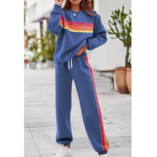 Women's 2 Piece Lounge Outfit Rainbow Striped Sweatshirt High Waist Sweatpants Workout Set Travel Track Suit Sweatsuit3