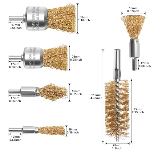 Wire Brushes drills set 10 pcs,Brass Coated Wire Brush Wheel , Cup Brush and Tube Brush Kit,10 Sizes Metal Brushes with 1/4 Inch Shank for Cleaning Rust ,Removing Paint and Cleaning Wood (gold)