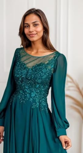 Mother of The Bride Dresses for Wedding Long Sleeve Lace Applique A Line Long Chiffon Formal Evening Party Gown3