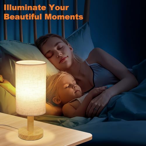 Image of Small Touch Table Lamps Set of 2 with Stepless Dimming&USB Plug, Natural Round Wood Base & Linen Fabric Shade |Soft Ambient Night Light |Minimalist Boho Bedside Lamp for Bedroom,Nursery,Kitchen,Dorm