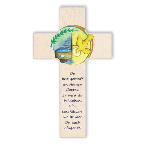 Fritz Cox Holzkreuz zur Taufe | tolles Taufgeschenk | made in Germany | christliche Symbole | mit besonderer Bohrung für einfache Anbringung | 15cm