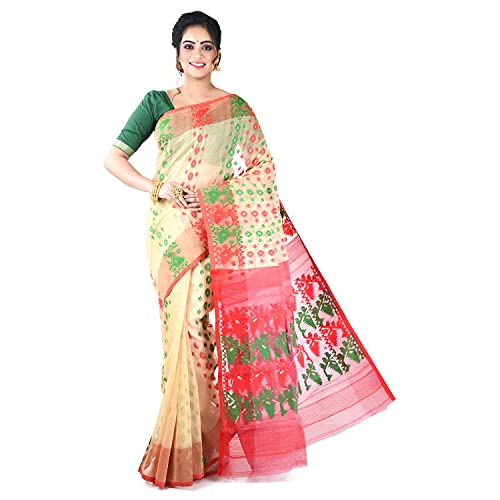 BigLimeTree Jamdani Bengal Handloom Designer Saree Handcrafted Sarees For Women Indian Traditional Party Wear Thread work Green and Red Sari Dress