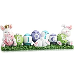 Yookeer Easter Decorations Bunny Rejoice Table Centerpieces Colorful Easter Eggs Bunny Tabletop Decorations Inspirational Spring Rabbit Figurines for Home Living Room Bedroom Holiday Decor