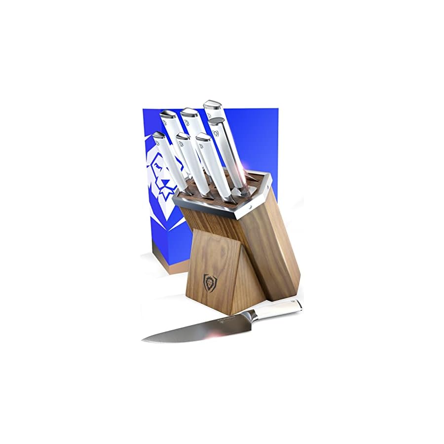 Dalstrong Knife Block Set - 8 Piece - Vanquish Series - Forged High Carbon German Steel - Kitchen Knife Set - Premium Wood Block - White POM Handle - NSF Certified