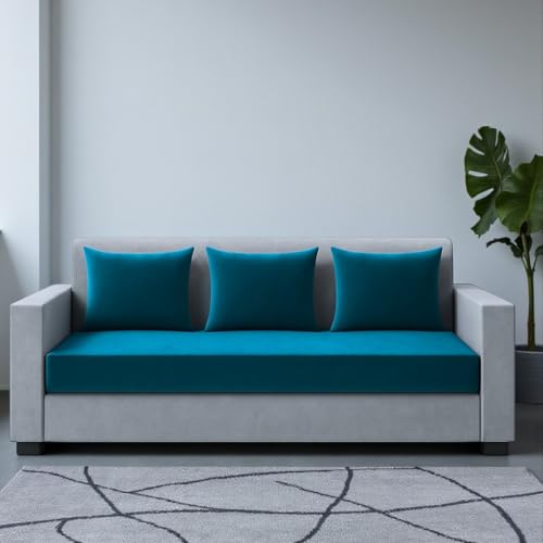 Image of FURNY Lexon 3 Seater Fabric Sofa Set (Aqua Blue-Light Grey) Premium Velvet Finish | Durable & Comfortable | Ideal for Living Room