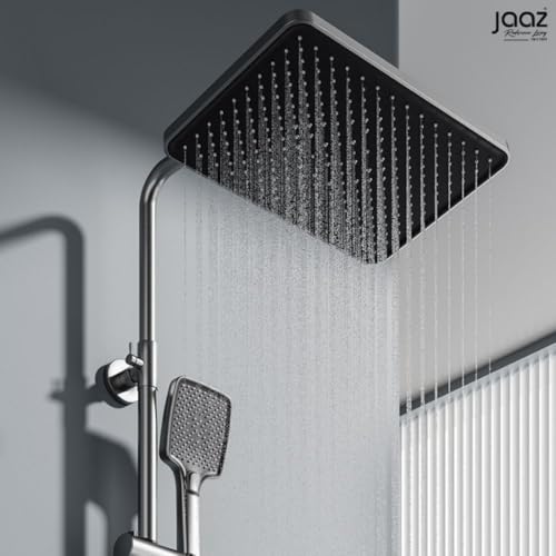 Image of Jaaz Thermostatic Piano Shower Set for Bathroom with Rainfall Showerhead, Waterfall Outlet, Hand Shower & Temperature Display - Matte Black (Moonlit)