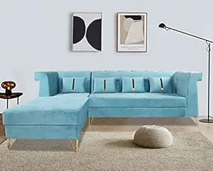 Adorn India Premium Raygan L Shape 6 Seater Sofa Set Left Side (Velvet Suede Fabric Colour Aqua Blue)