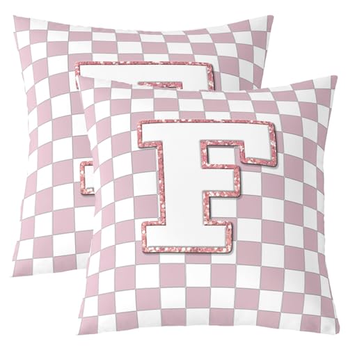 Image of Erosebridal Pink Initial F Throw Pillow Covers 16x16 Set of 2 Kawaii Plaid Checkered Pillow Covers Cute Personalized Monogram Cushion Cover Fashion Grids Gingham Pillow Cases for Couch Sofa