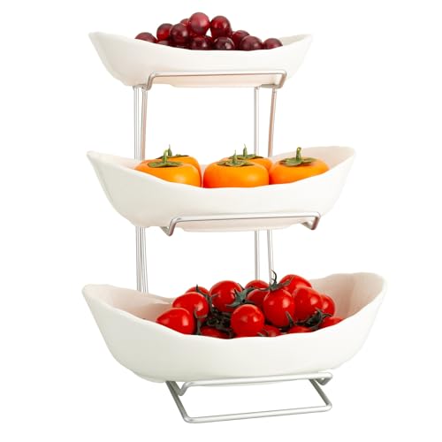 kiss me Tiered Fruit Basket for Kitchen Countertop, 3 Tier Ceramic Fruit Bowl Sets with Metal Stand White Fruit Serving Holder for Snacks Nuts Candy Cake Vegetable Storage (#2 Silver Stand)