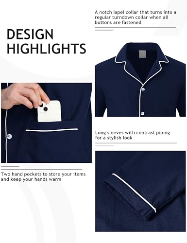 MoFiz Mens Pajama Set Soft Cotton Button Down Notched Collar Pjs Long Sleeve 2 Piece Sleepwear Lounge Nightwear with Pocket3