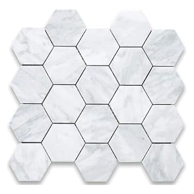 Tenedos Carrara Marble 3 Inches Hexagon Mosaic Tile Honed Box of 4 Sheets for Kitchen Backsplash, Bathroom Floors, Walls, Showers, Fireplace Surrounds and Accent Walls