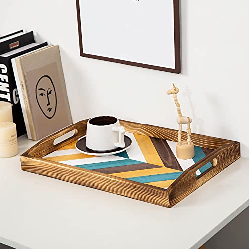 Exoliry Multicolor Rustic White Rectangular Wood Serving Tray Cutout Handles Chevron Arrow Pattern Decorative Tray Breakfast Coffee Party Banquet Home Kitchen Ottoman Office Document Holder #TOP5