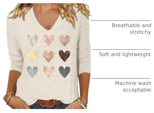 Image of Womens 3 /4 Sleeve V Neck Valentine T Shirts Love Heart Printed Graphic Tee Tops