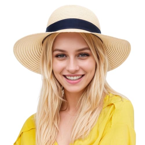 SEFIRST Chapeau de Paille Femme, Femmes Chapeaux de Soleil UPF 50+, Pliable Été Large Bord Chapeau de Paille Anti-UV pour Plage Voyage, Beige