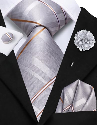 Image of Hi-Tie Men's Tie Lapel Pin Set Pocket Square Cufflinks Formal Woven Silk Tie Sets Wedding Party