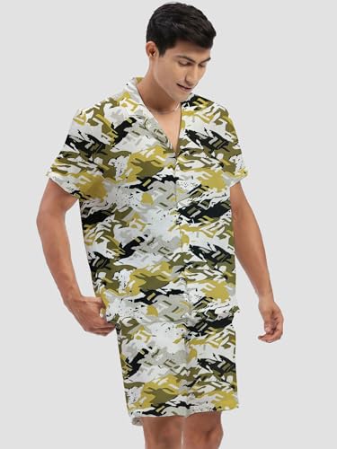 Image of Amazon Brand - Anarva Mens Camouflage Printed Co-ord Set | Half Sleeve Shirt and Shorts Set | Casual Summer Outfit for Beach, Travel, Vacation -