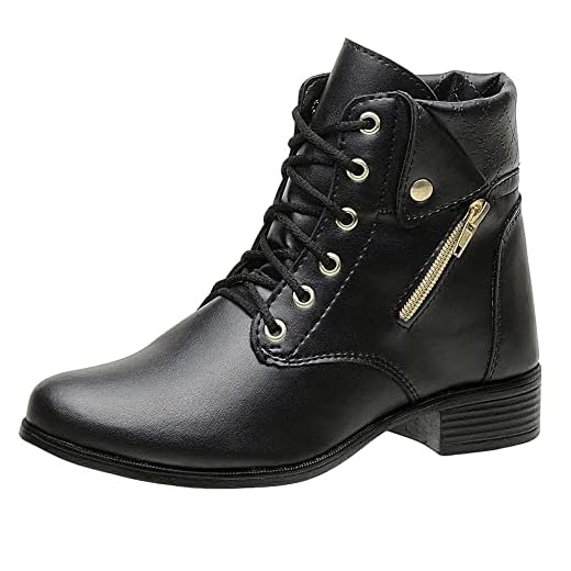 Coturno Bota Botinha Feminina Casual Cadarço Detalhe Ziper Cano Curto Inverno Tamanho:38;Cor:Preto;Gênero:Feminino;Departamento BS:Esporte