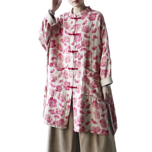 Ystylee Women's Trench Coat Flower Printed Boho Kimono Jacket Handmade Frog Buttons Loose Oversized Outwear3