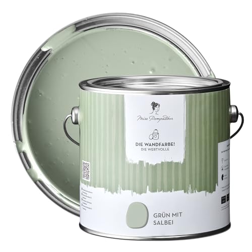 MissPompadour edelmatte Wandfarbe Grün mit Salbei 2 5L - sehr hohe Deckkraft - geruchsneutrale spritzfreie Farbe - atmungsaktive wasserbasierte Innenfarbe/Deckenfarbe - Die Wertvolle